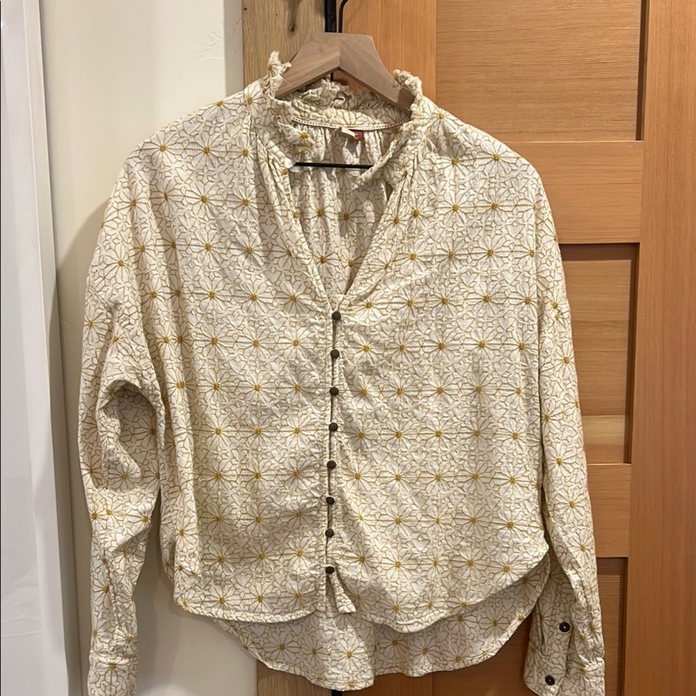 Pilcro Cream and Gold Blouse with Delicate Pattern and metal buttons